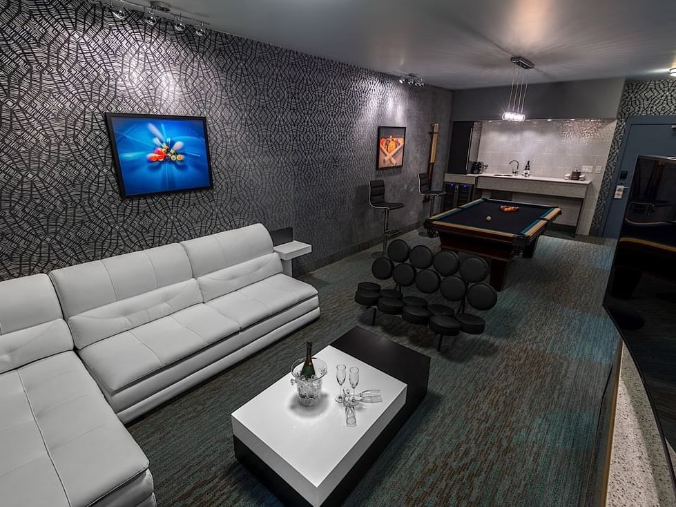 Interior of Cornerpocket Themed Suite at Applause Hotel Calgary
