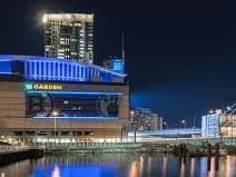 Distant view of TD Garden Arena near The Eliot Hotel at night
