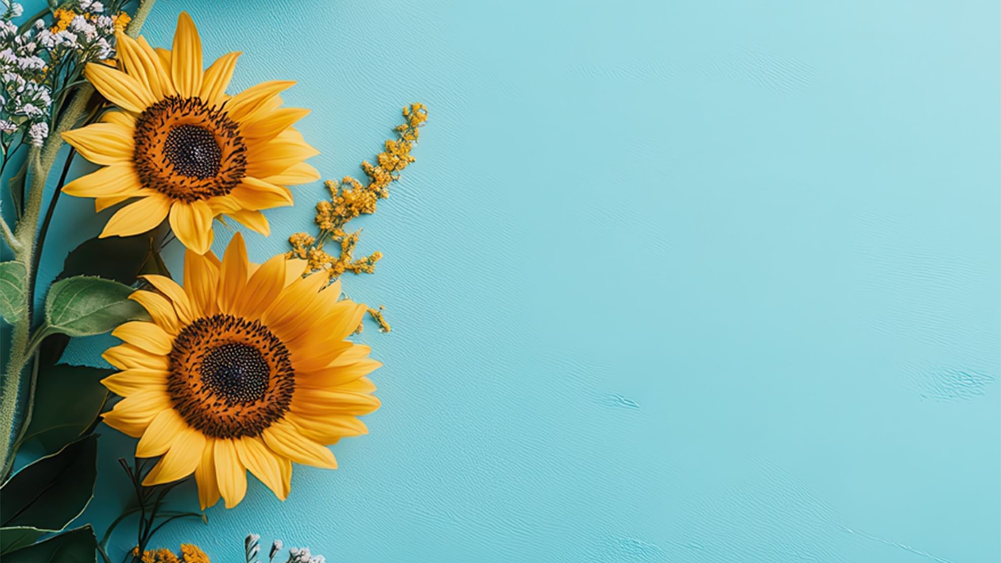 Two sunflowers and small flowers on a blue background for Where Spring Begins offers.