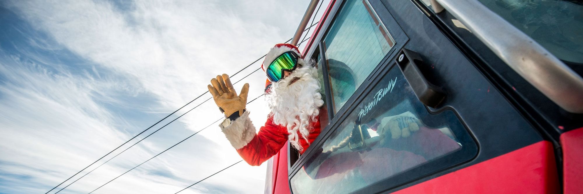 Santa Claus in gondola at Whiteface Mountain.