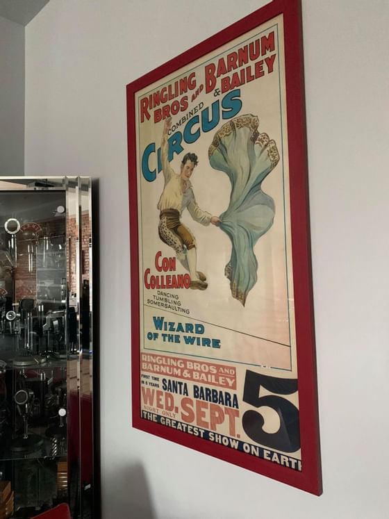 A framed original poster of Ringling Bros Circus at Retro Suites Hotel