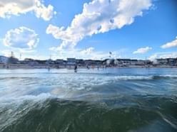 View from the water's edge of the Long Sands Beach near Union Bluff Hotel