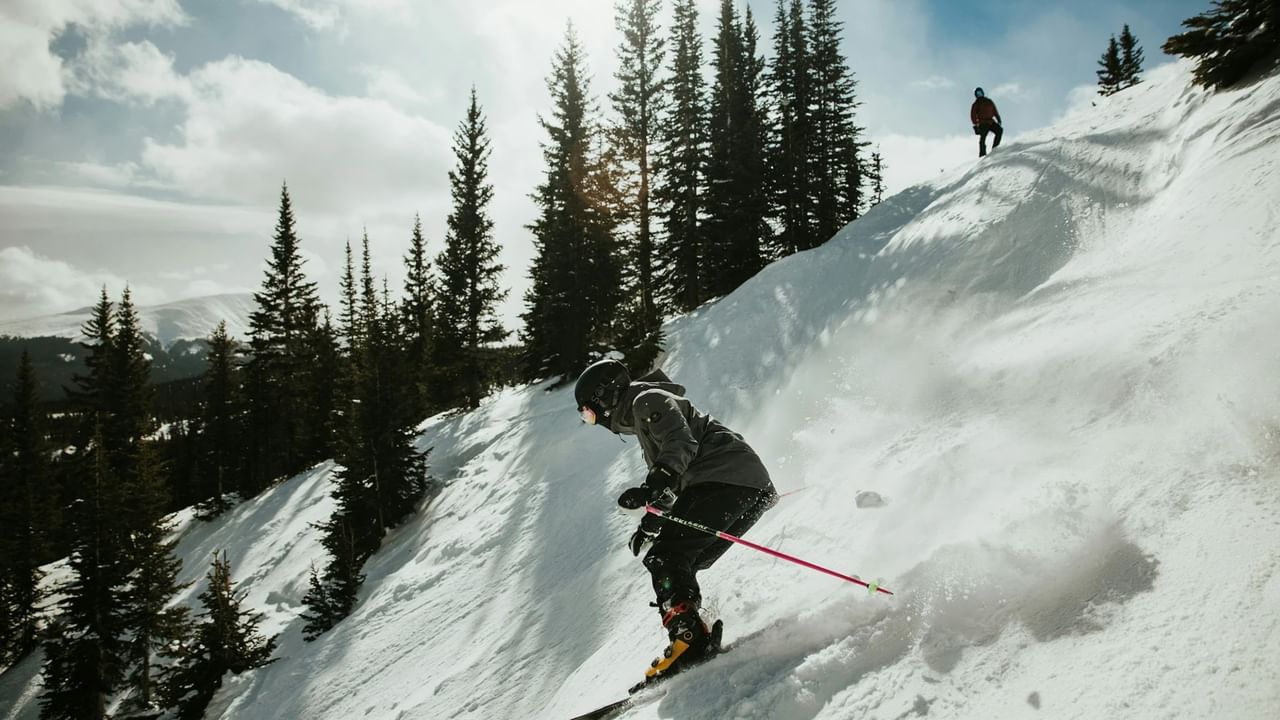 Skier in black jacket and red ski poles skiing down snowy slope with trees and another skier.