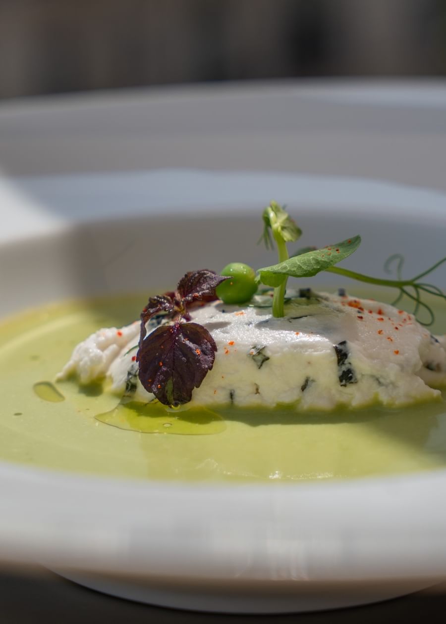 Velouté de petits pois, chèvre à la menthe