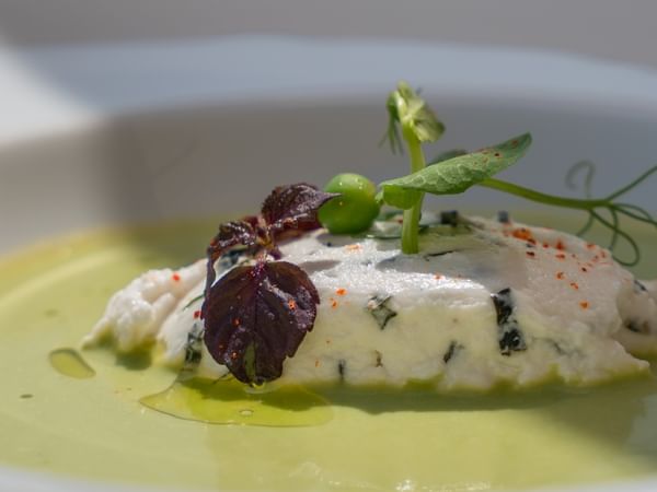 Chilled pea velouté, goat cheese with mint