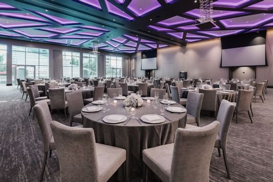 Banquet table setup in a Grand Ballroom at Paradox Hotel 