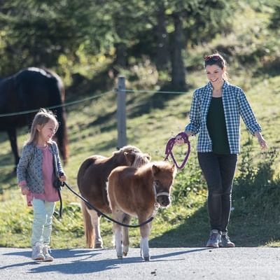 Two individuals with a brown pony in a sunny pasture at Falkensteiner Hotel Cristallo