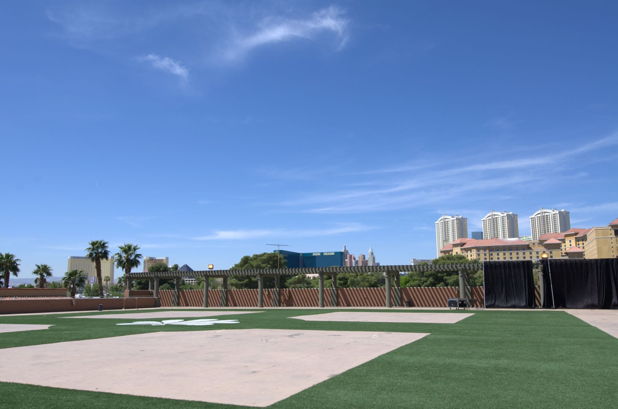 A green lawn with a city skyline in the background