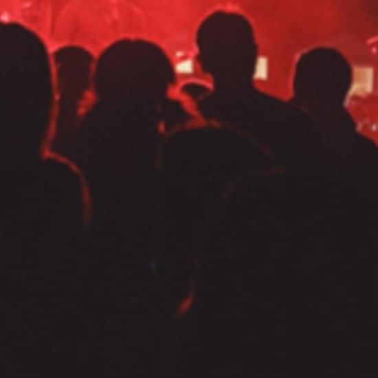 Silhouettes of people at a dimly lit concert with a red stage light at Catalina Island Company, one of the things to do in catalina island