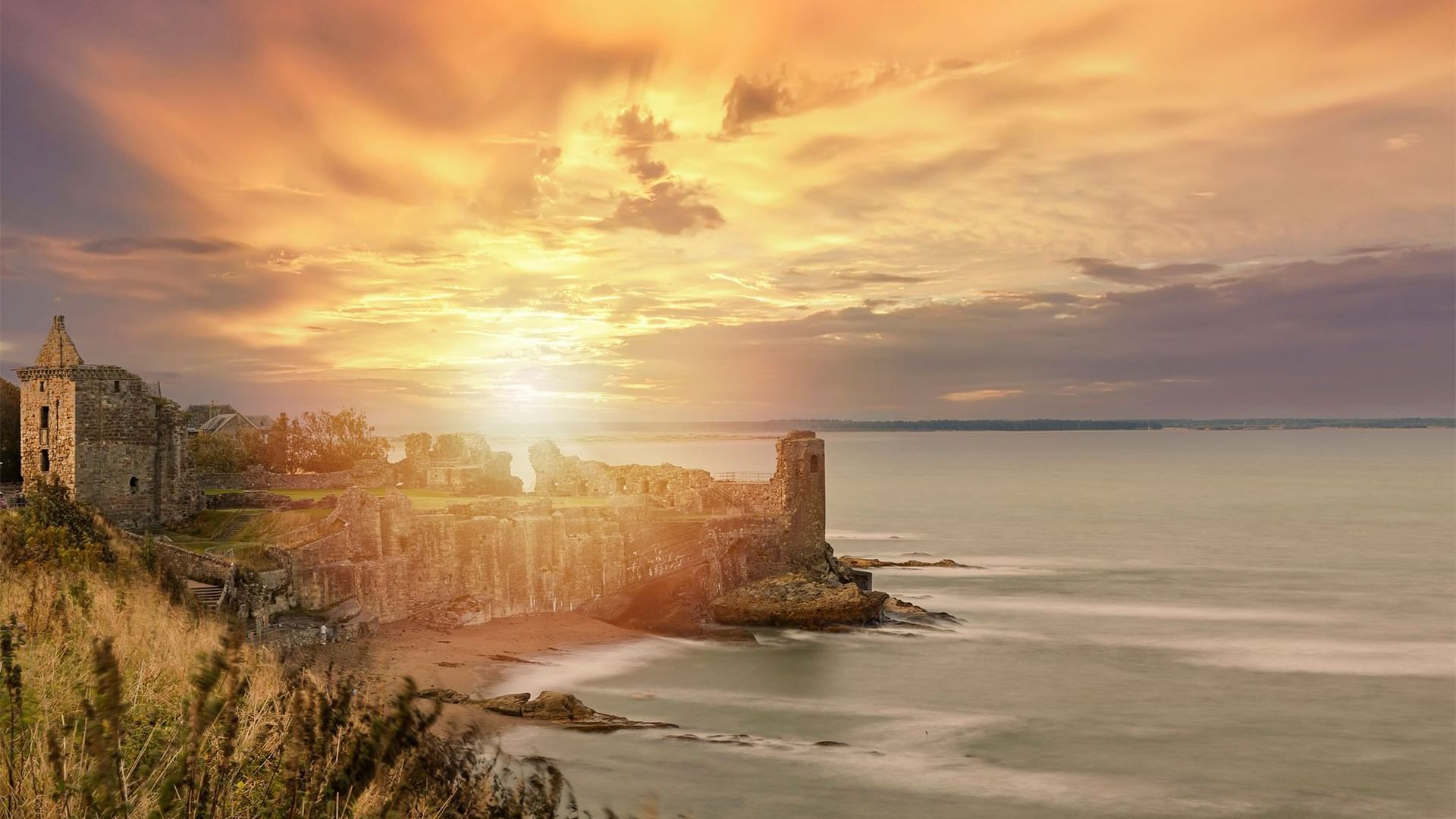 Distant view of St Andrews Castle by the sea near Hotels Fife Scotland