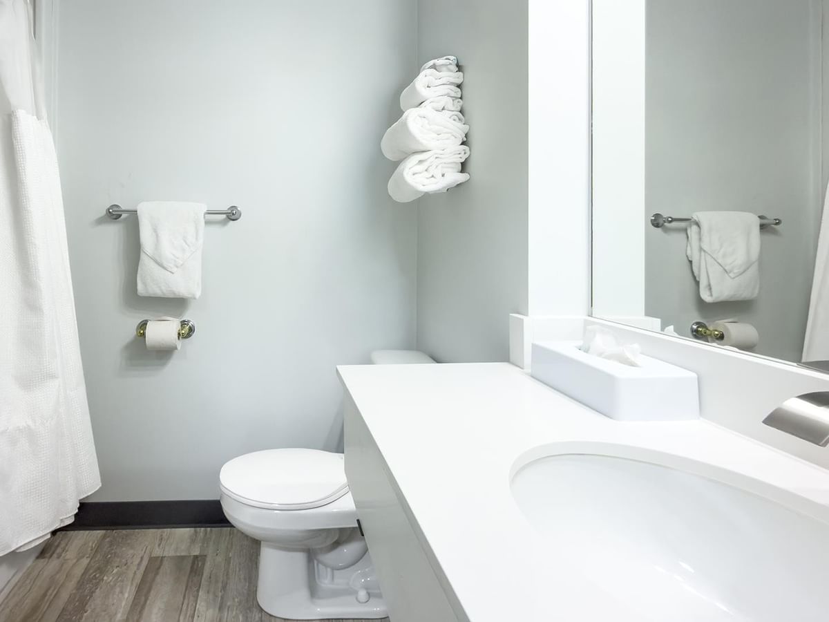 Coast Queen bathroom with white vanity, modern fixtures, and wood-look flooring.
