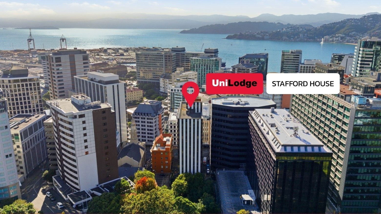 Aerial view of city with UniLodge Stafford House marked with pin.