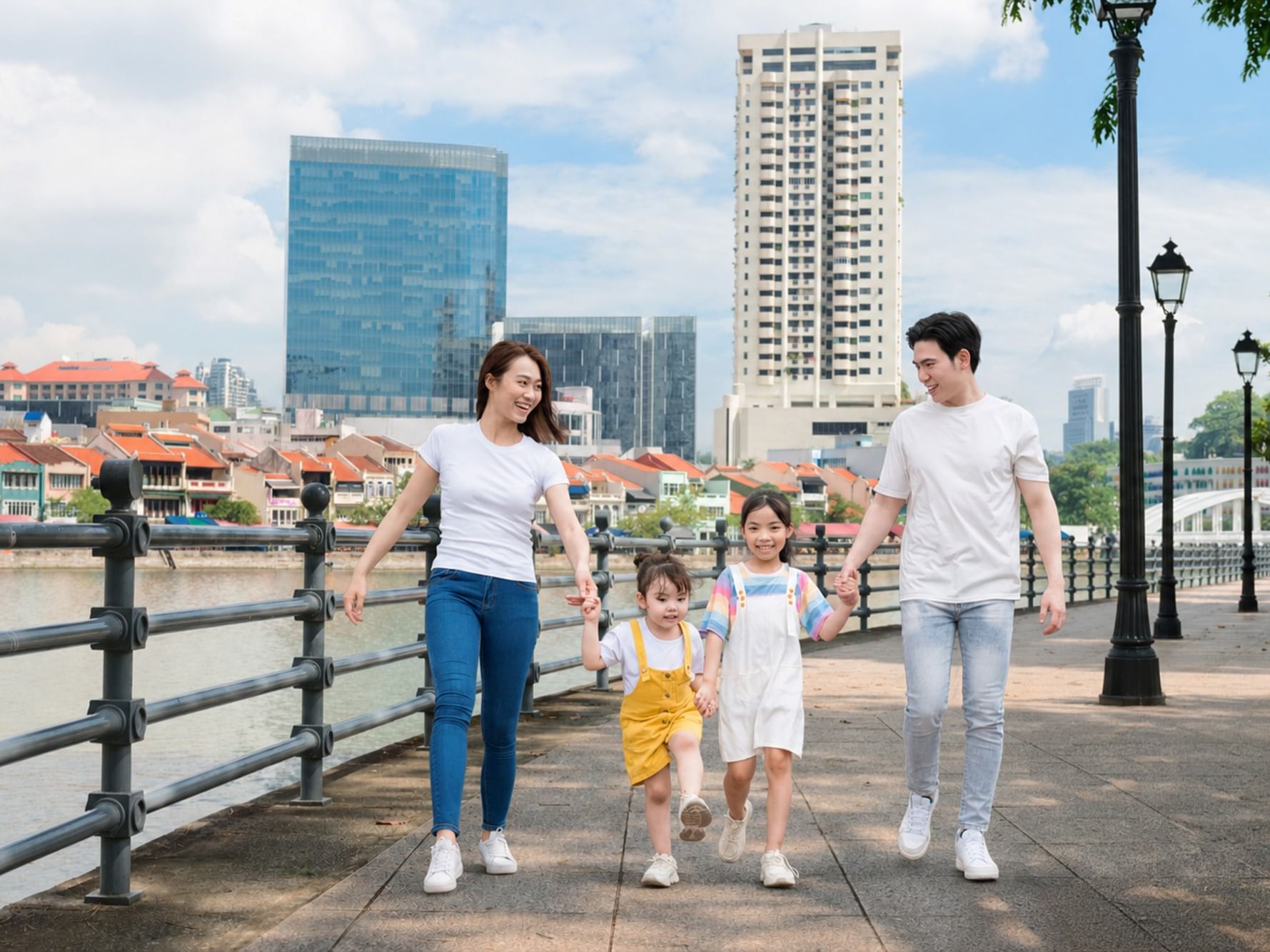 A family of four walking together along a waterfront promenade with city skyline and traditional buildings in background