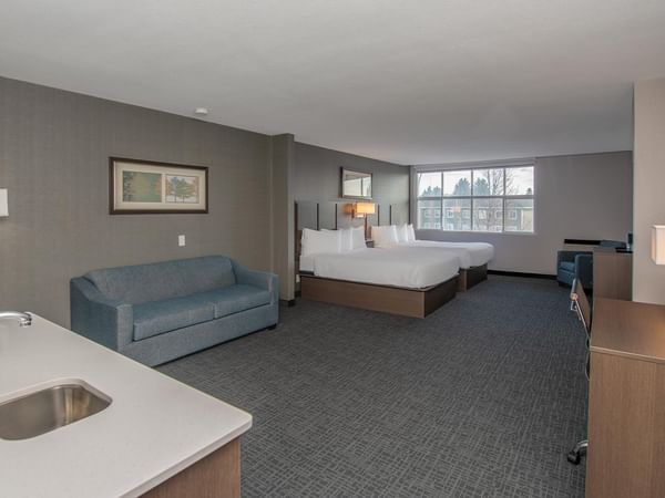 Two beds and a sofa bed in a room.