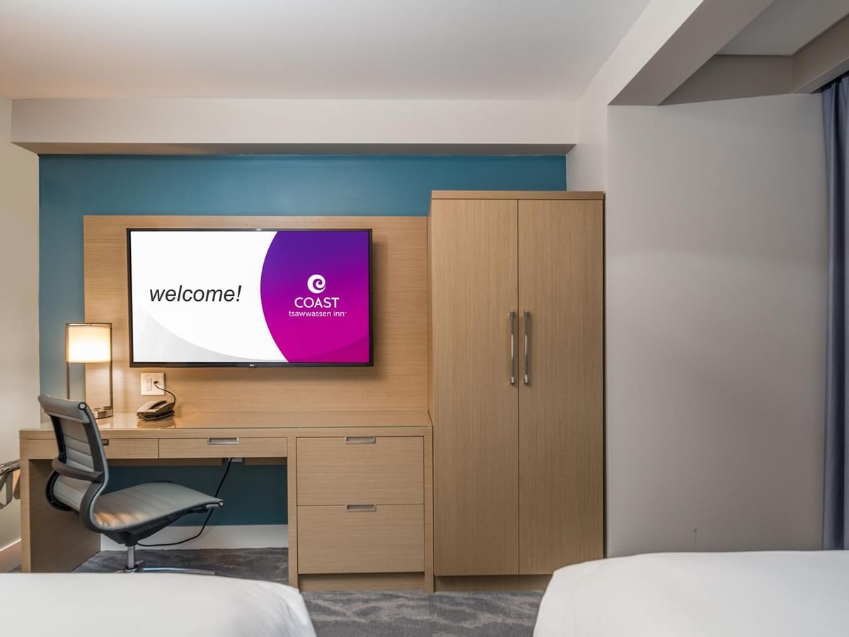 Work desk and tv in our Coast Two Doubles Suite