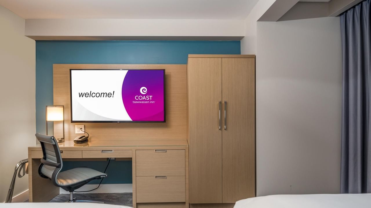 Work desk and tv in our Coast Two Doubles Suite
