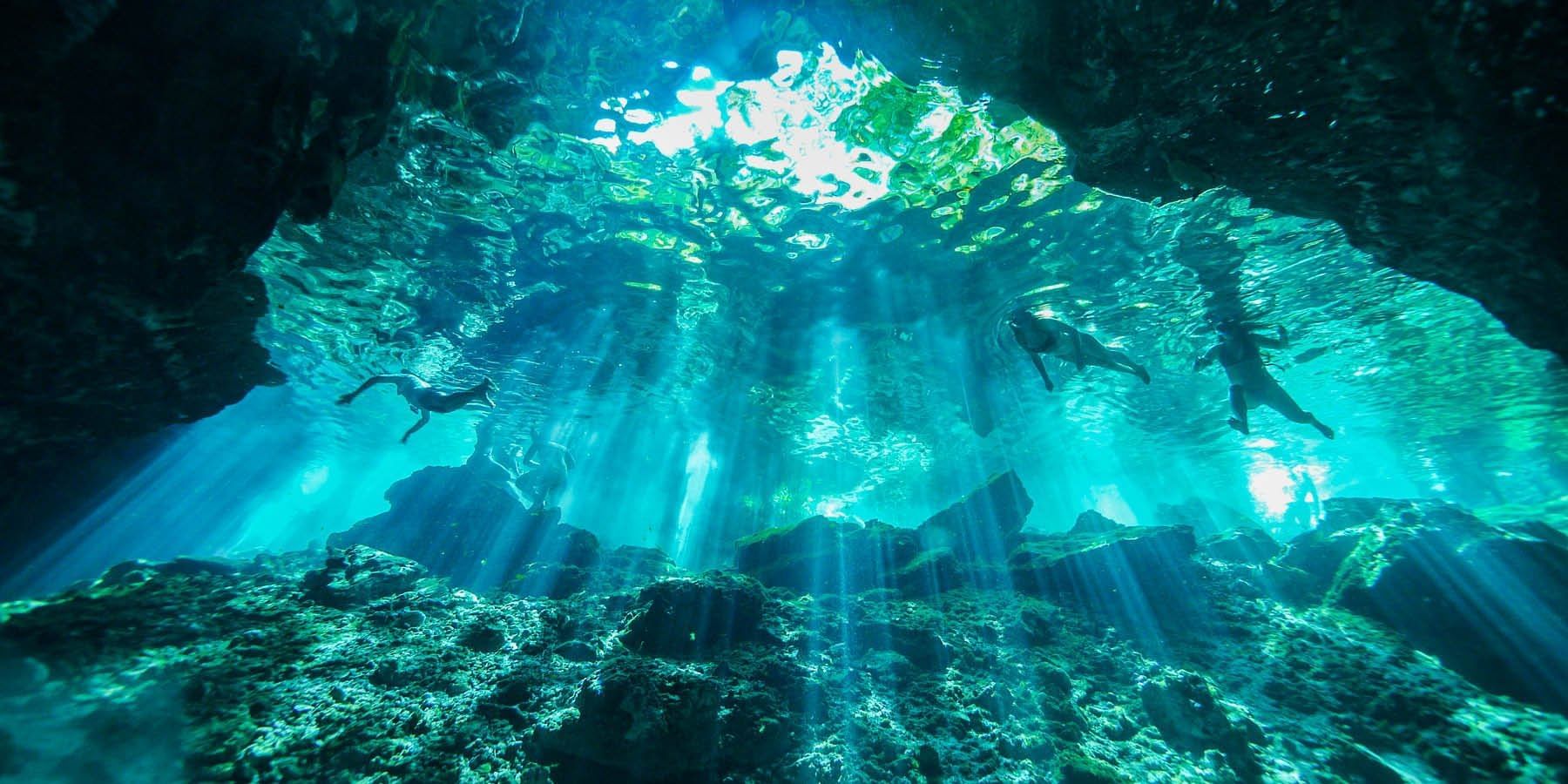 Divers exploring the crystal-clear waters of a cenote near Fiesta Americana Travelty