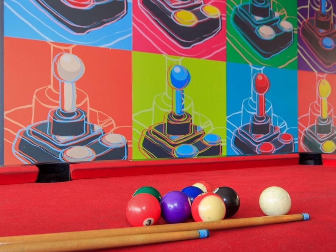 Billiard balls on a pool table, Game Room at Pop Art Tocancipa