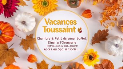 Composition automnale avec citrouilles, tournesols et feuilles entourant une offre de séjour avec chambre, repas et spa
