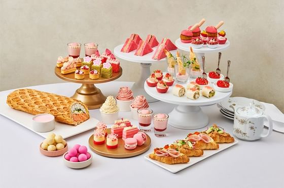 Close-up of afternoon Tea Buffet with Rosy-Themed Treats at Goodwood Park Hotel