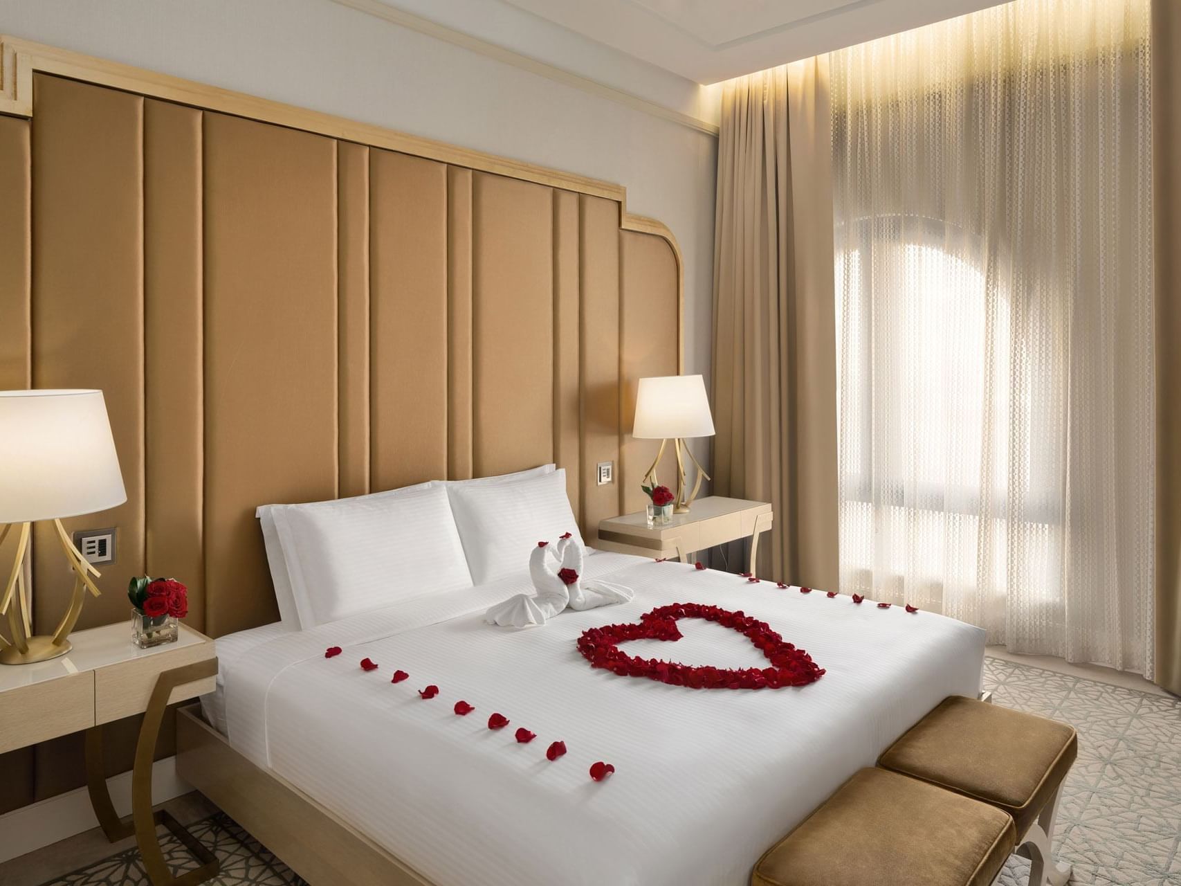 Decorated bed in Honeymoon suite at Hotel Galleria. 