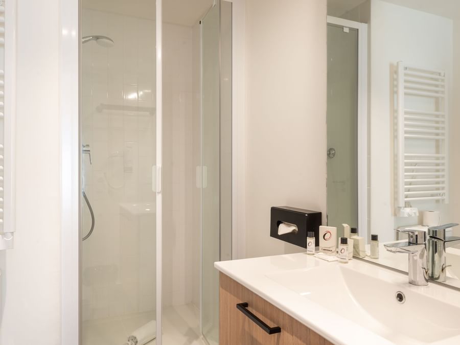 Vanity and shower in a bathroom at Residence Le Monde