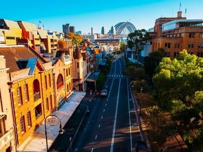 Aerial view of the street & buildings near Amora Hotel Sydney