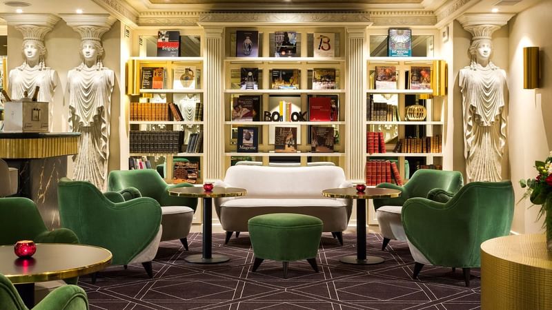 Avenue library area interior with seating at Hotel Barsey by Warwick - Brussels