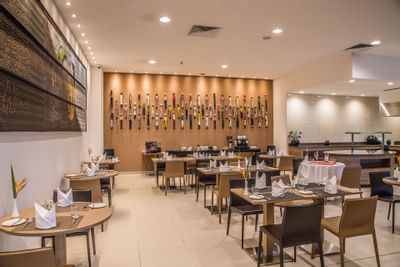 Modern restaurant  with artwork on the walls