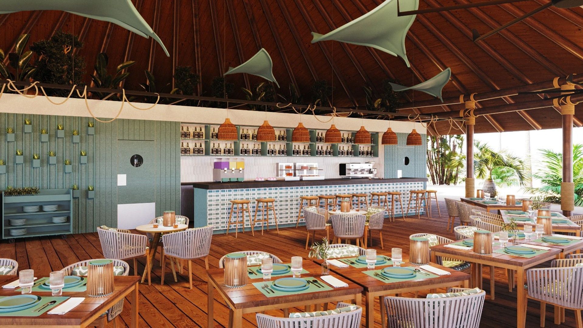 Bar rústico al aire libre en Fiesta Americana Funeeq Punta Cana con barra de azulejos azules y lámparas colgantes