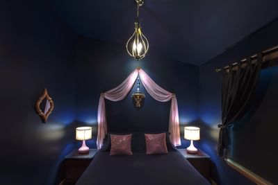 Cozy bedroom featuring dark blue walls, a decorative canopy and pink accent lamps at The Roxbury