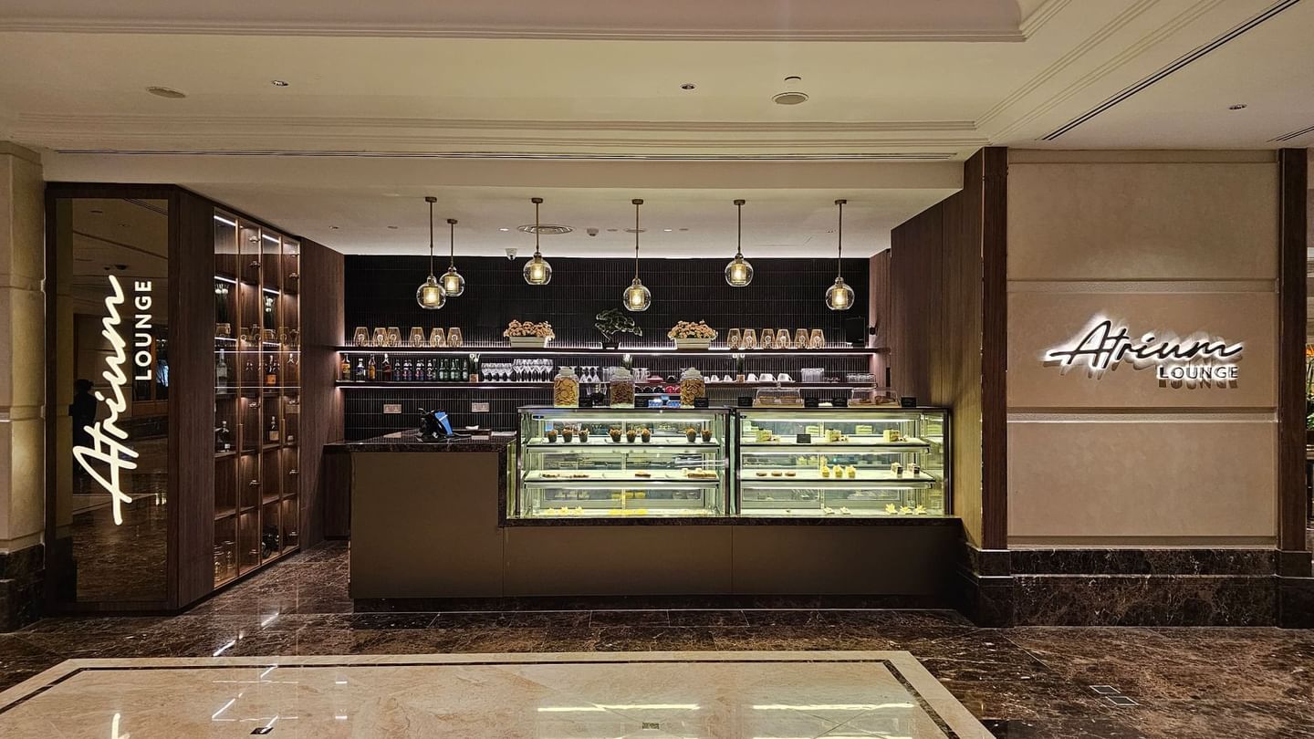 Patisserie with display cases of desserts in Atrium Lounge at Sunway Putra Hotel