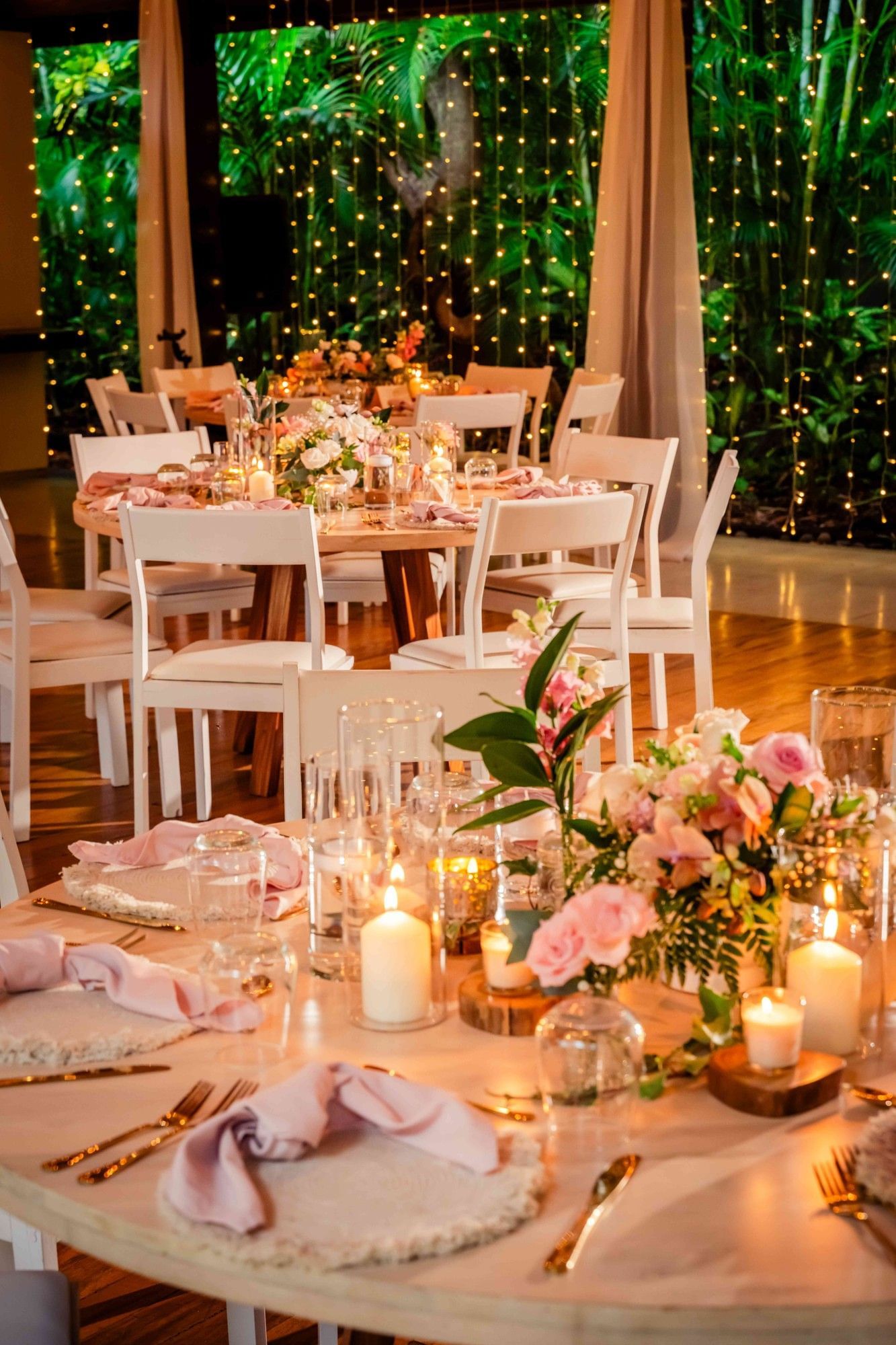 Elaborately decorated dining tables set for a special occasion at Cala Luna Boutique Hotel