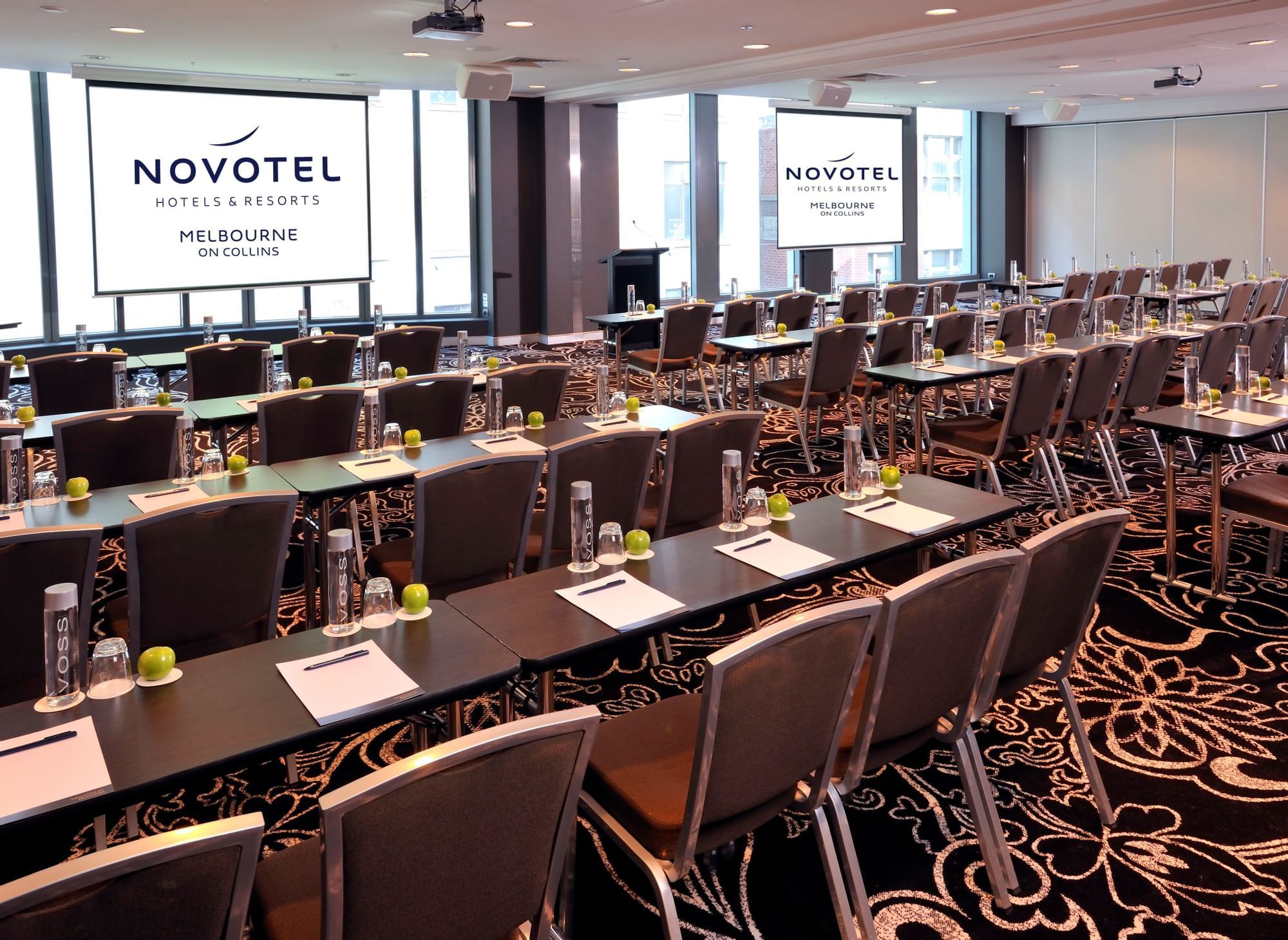 Close up on table setup for a meeting at Novotel Melbourne