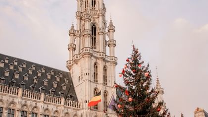 Decorated Christmas tree stands before ornate Gothic tower and historic buildings during Events in Brussels.