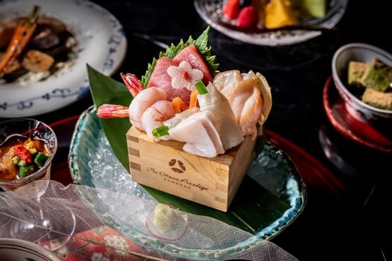 Close-up of Sashimi moriawase served at The Okura Prestige