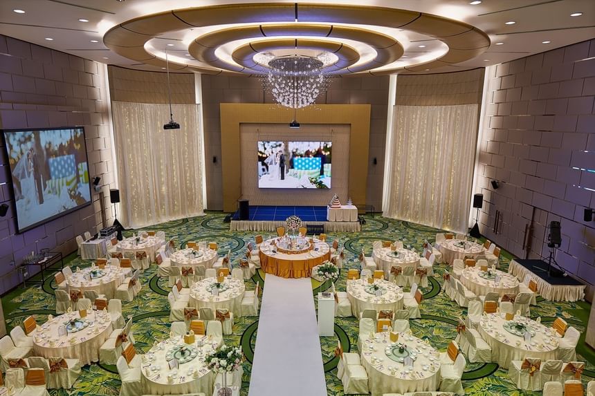 High angle shot of a ballroom at Gardens hotels & residences