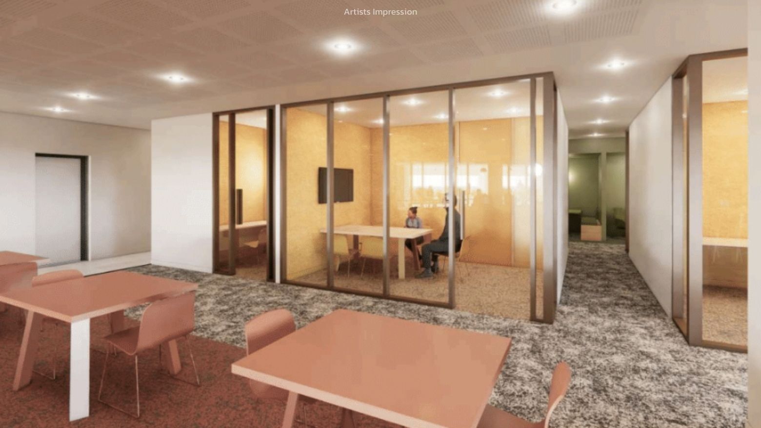 Modern open office space with glass walls, furniture, and two people at UniLodge Brisbane City.