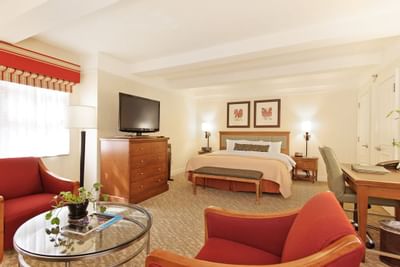 Junior Suite  with a king-sized bed, furniture, TV, and sitting area with a coffee table and chairs.