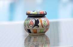 Closeup on a painted pottery vase at Khorog Serena Inn