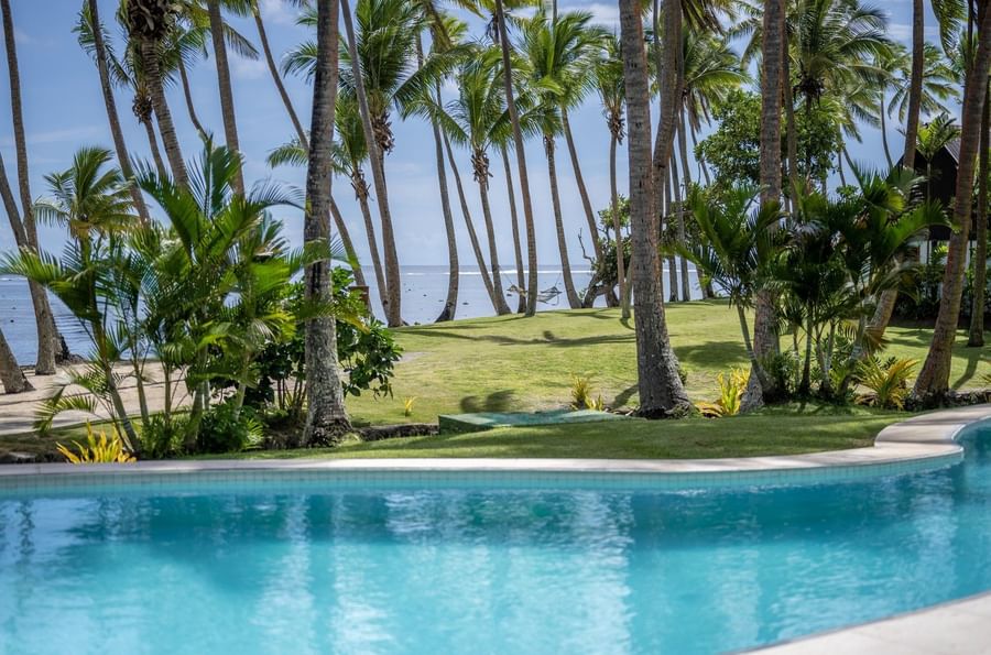 Curved swimming pool by a green lawn under palm trees with a hammock in the distance at Tambua Sands Beach Resort