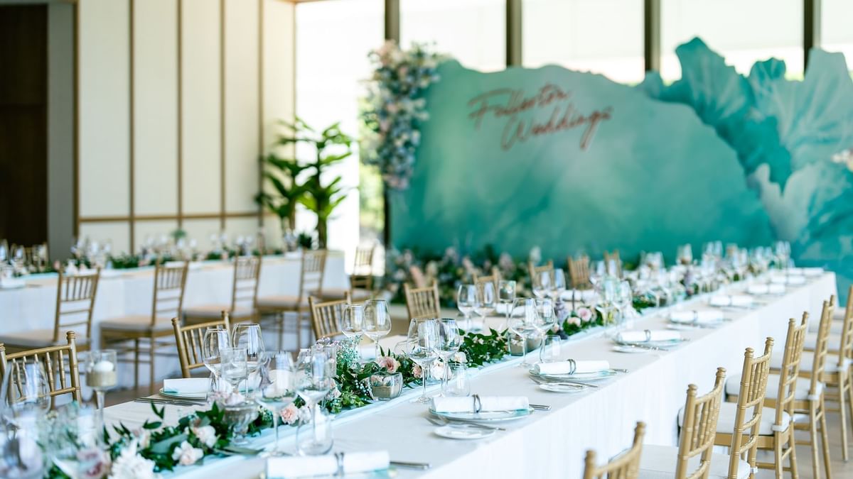 Long table set-up with decorations & glassware arrangements in The Pavilion at Ocean Park Hotel Hong Kong