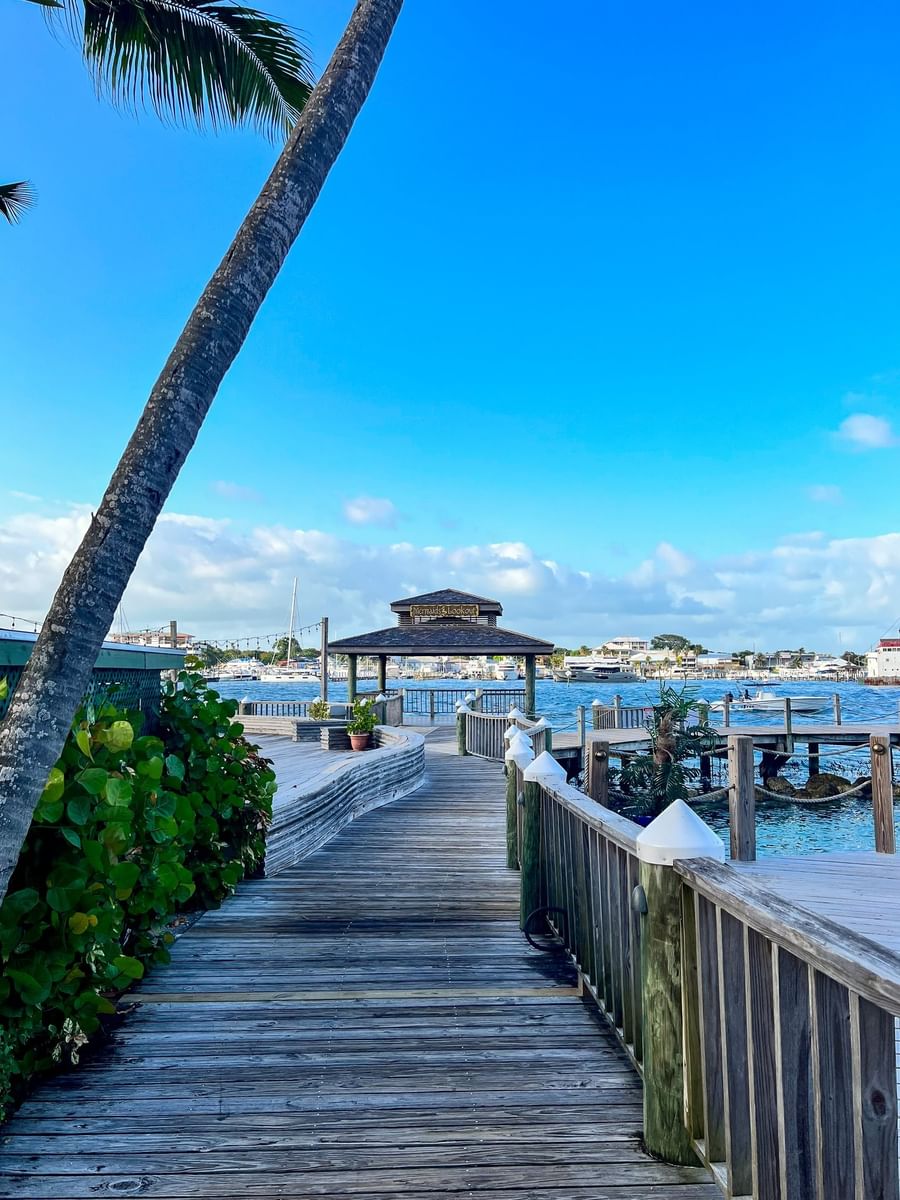 Wooden walkway by a gazebo under a blue sky surrounding a tropical harbor near Warwick Paradise Island Bahamas