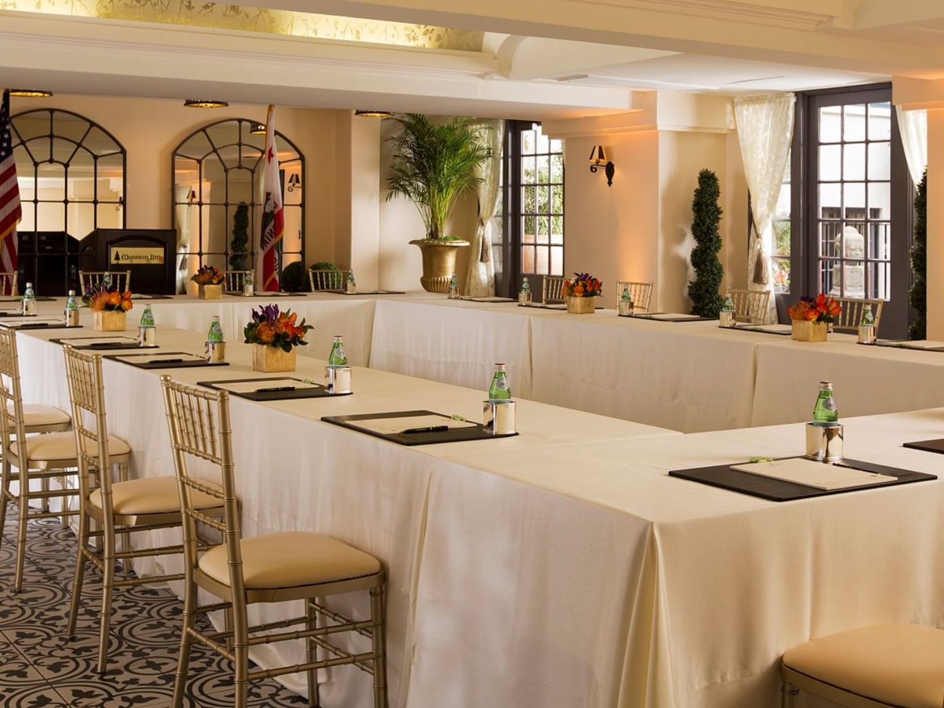 Conference table and chairs arranged at Mission Inn Riverside
