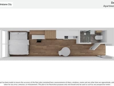 Floor plan of a small 18-20m² Deluxe Studio Apartment at UniLodge Brisbane City.