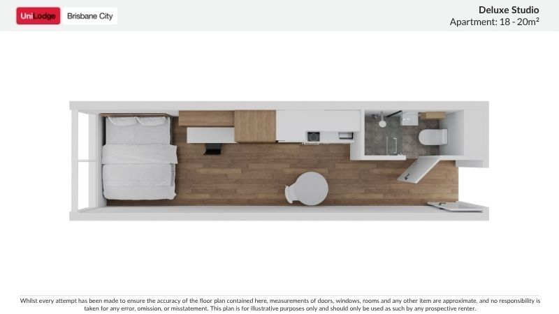 Floor plan of a small 18-20m² Deluxe Studio Apartment at UniLodge Brisbane City.