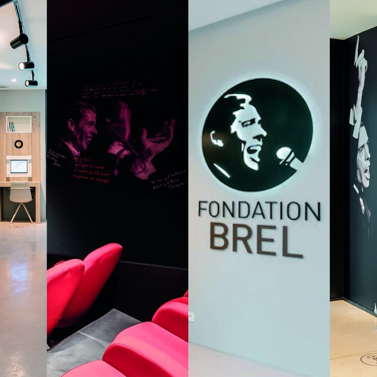 Fondatio Brel interior with red chairs in a cinema area by a lounge space near Warwick Grand Place Brussels