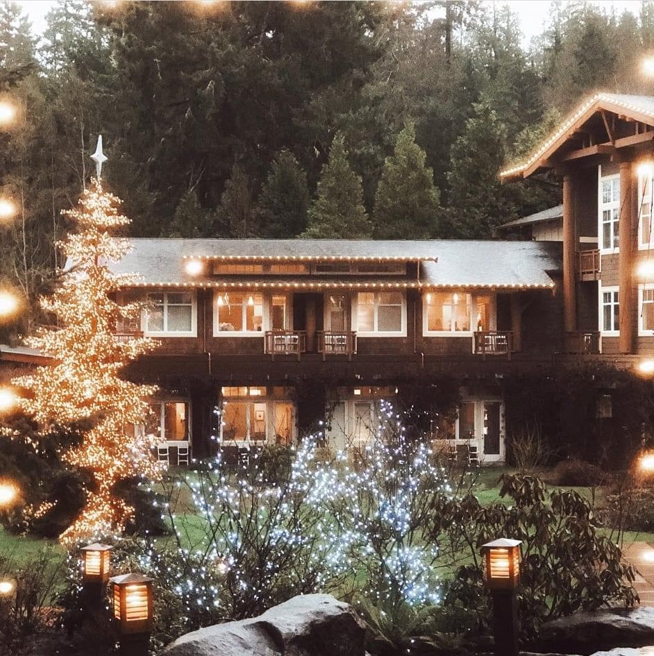 Exterior with Christmas lights at Alderbrook Resort & Spa