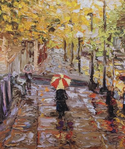 A textured painting of a rainy autumn day with people walking on the street with umbrellas at The Paramount Hotel Seattle