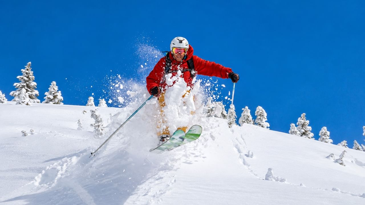 Skier carving through fresh powder in Whistler, BC